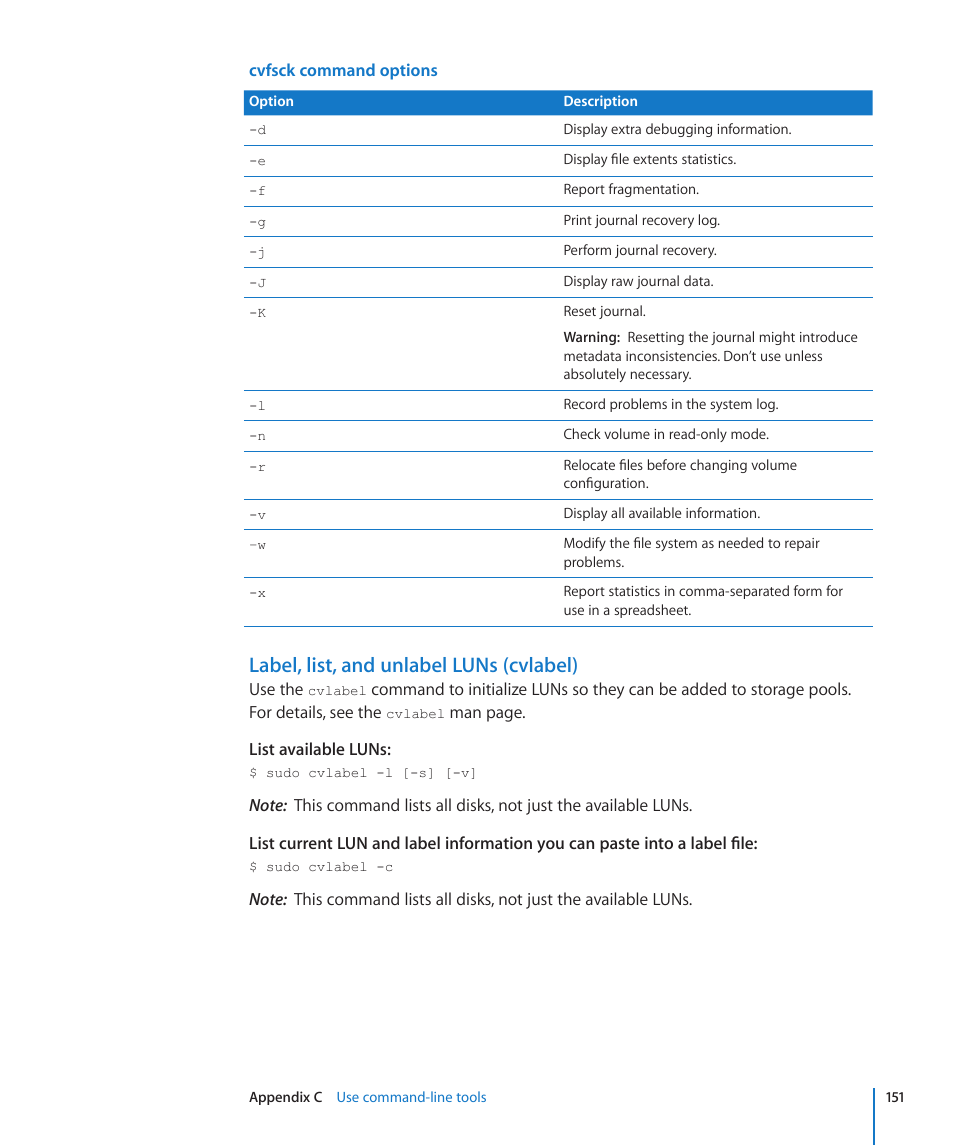 Label, list, and unlabel luns (cvlabel) | Apple Xsan 2 User Manual | Page 151 / 165