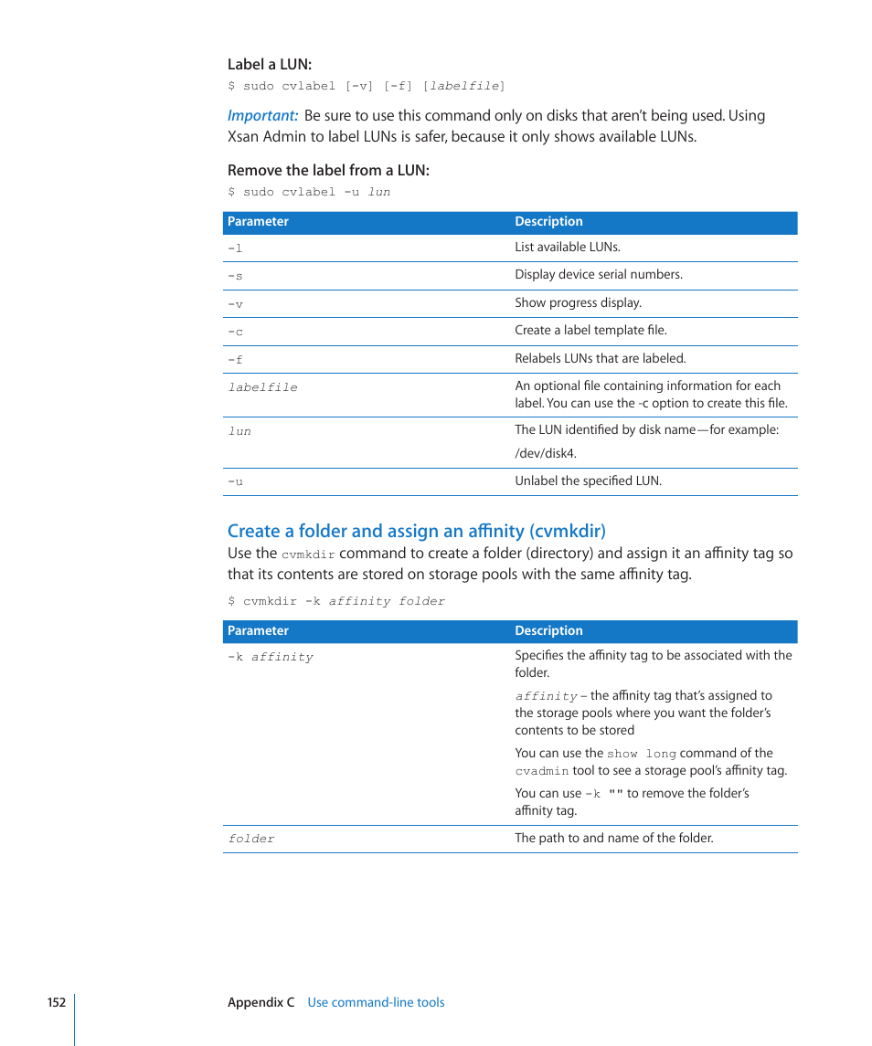 Create a folder and assign an affinity (cvmkdir) | Apple Xsan 2 User Manual | Page 152 / 165