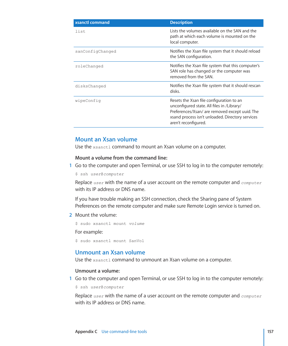 Mount an xsan volume, Unmount an xsan volume | Apple Xsan 2 User Manual | Page 157 / 165