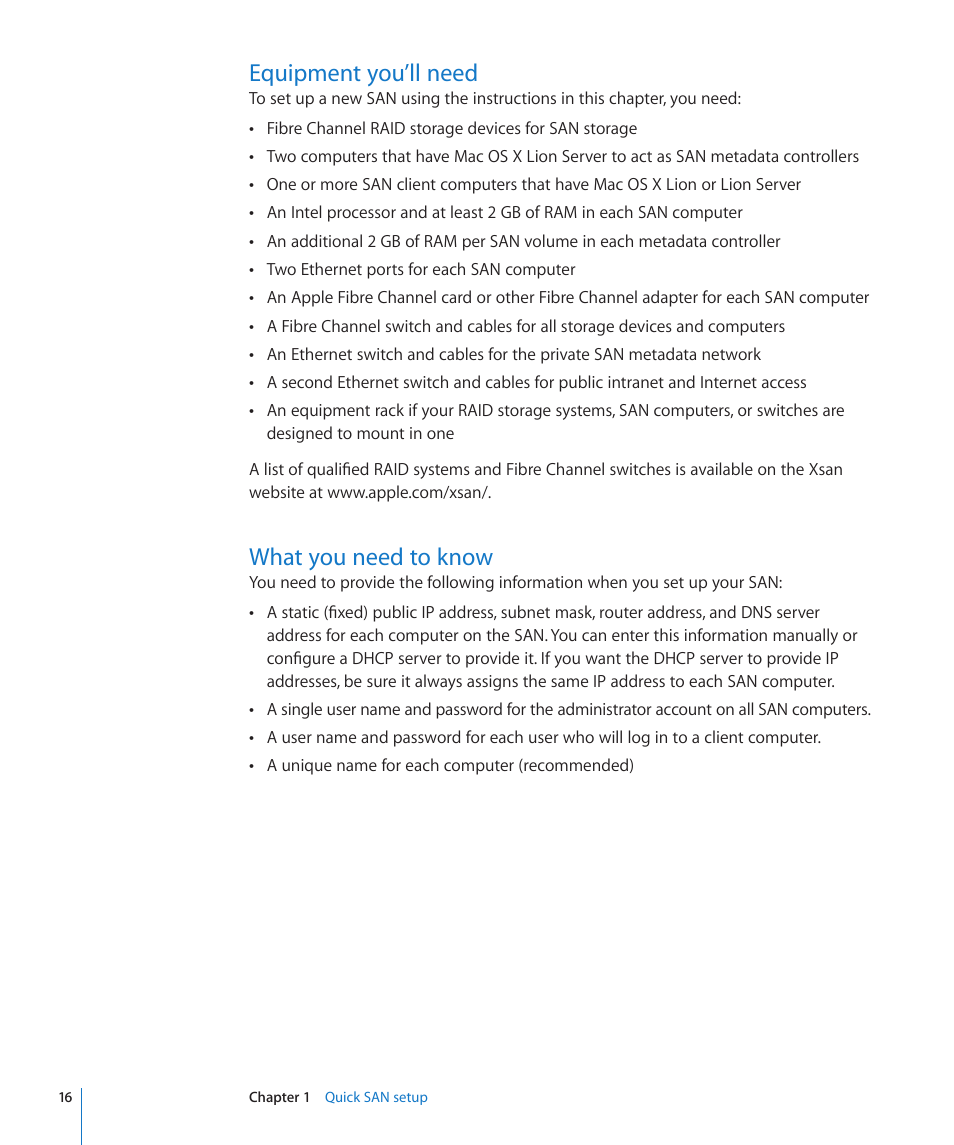 Equipment you’ll need, What you need to know, 16 equipment you’ll need 16 what you need to know | Apple Xsan 2 User Manual | Page 16 / 165