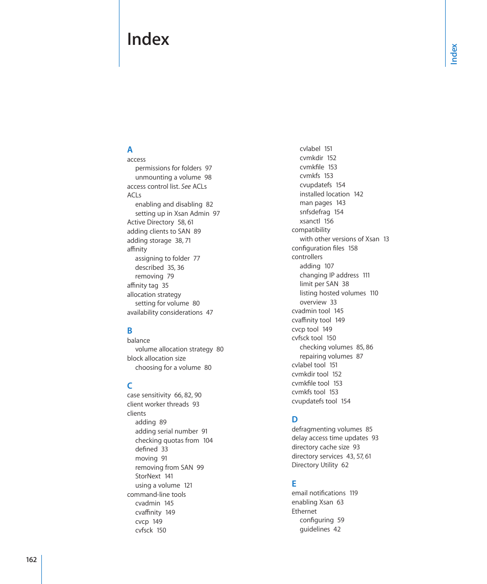 Index | Apple Xsan 2 User Manual | Page 162 / 165