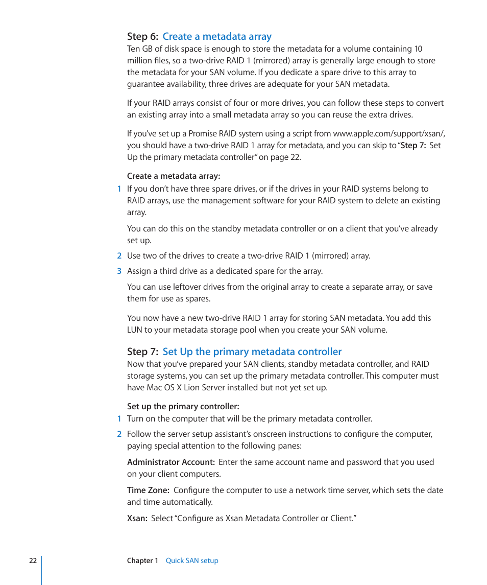 Step 6: create a metadata array, Step 7: set up the primary metadata controller, Step 6: create a metadata array | Step 7: set up the primary metadata controller | Apple Xsan 2 User Manual | Page 22 / 165