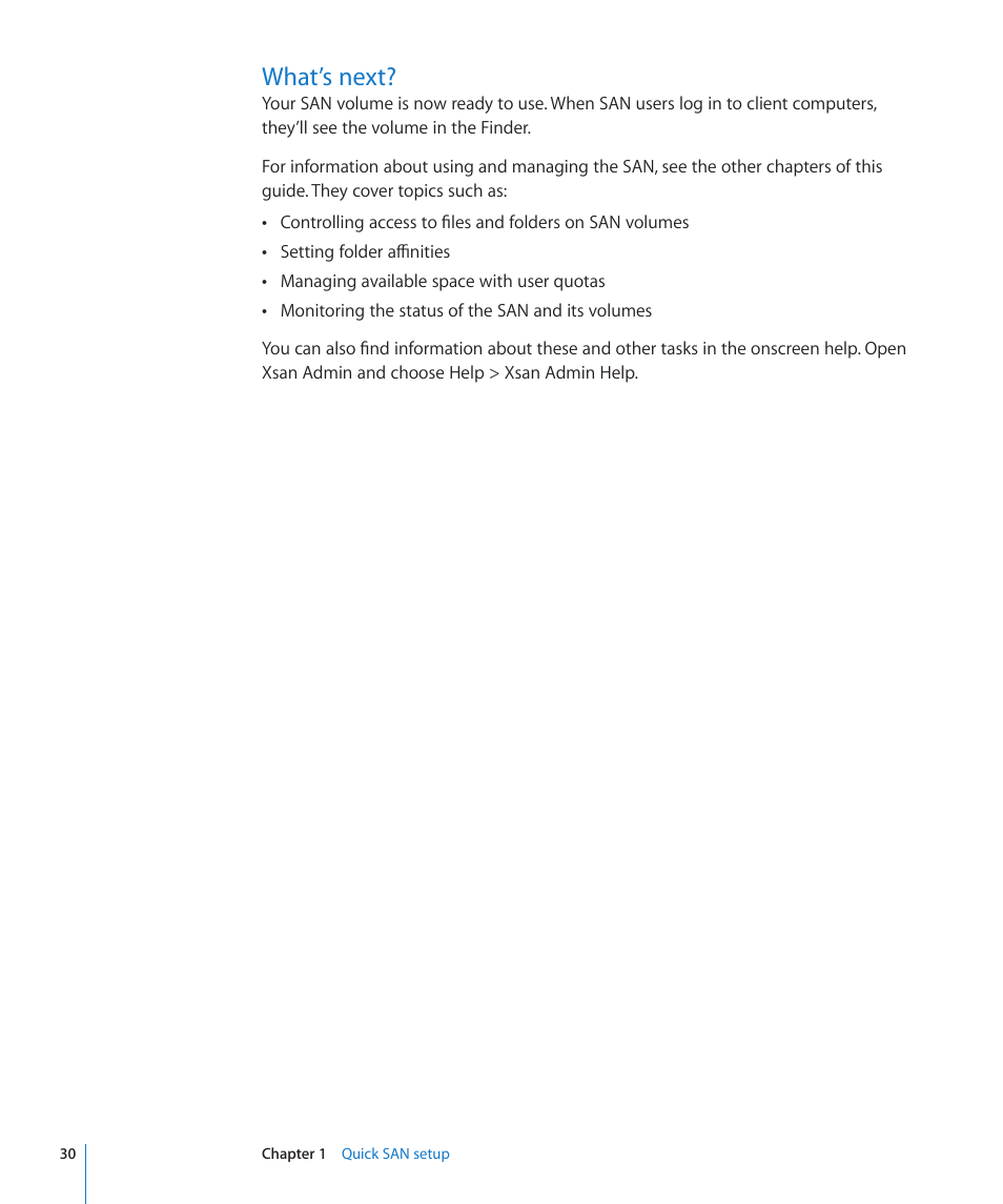 What’s next, 30 what’s next | Apple Xsan 2 User Manual | Page 30 / 165