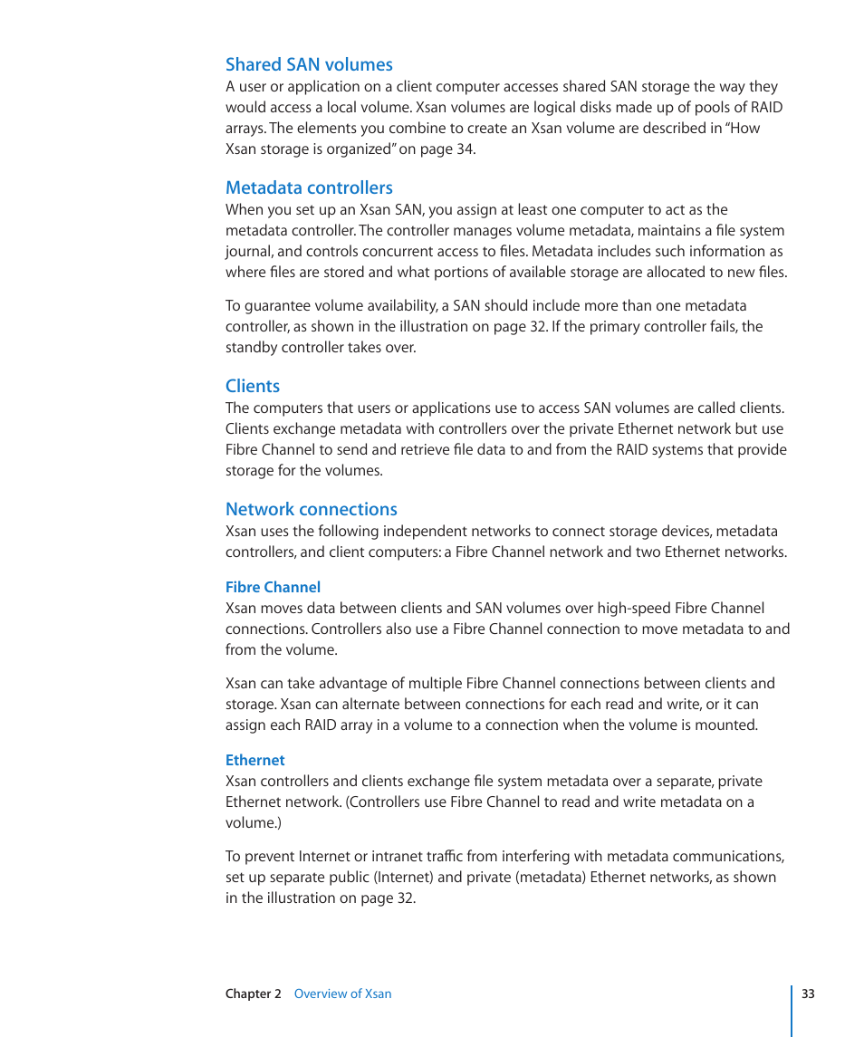 Shared san volumes, Metadata controllers, Clients | Network connections | Apple Xsan 2 User Manual | Page 33 / 165