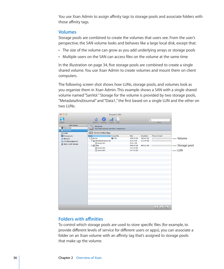 Volumes, Folders with affinities | Apple Xsan 2 User Manual | Page 36 / 165