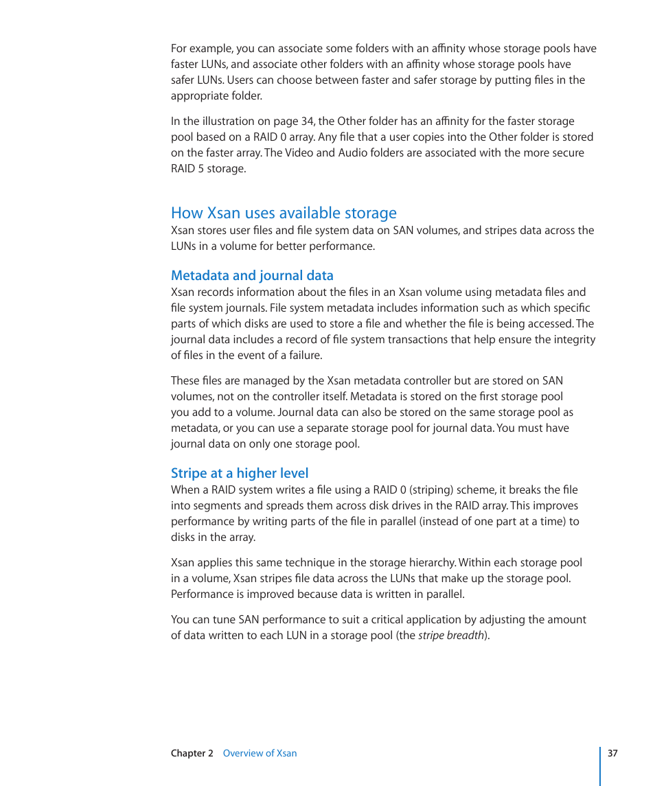 How xsan uses available storage, Metadata and journal data, Stripe at a higher level | 37 how xsan uses available storage 37 | Apple Xsan 2 User Manual | Page 37 / 165