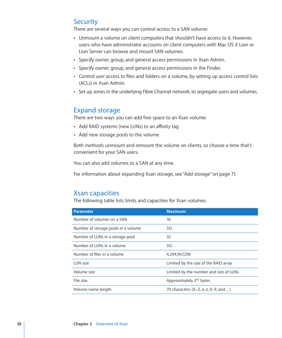 Security, Expand storage, Xsan capacities | 38 security 38 expand storage 38 xsan capacities | Apple Xsan 2 User Manual | Page 38 / 165