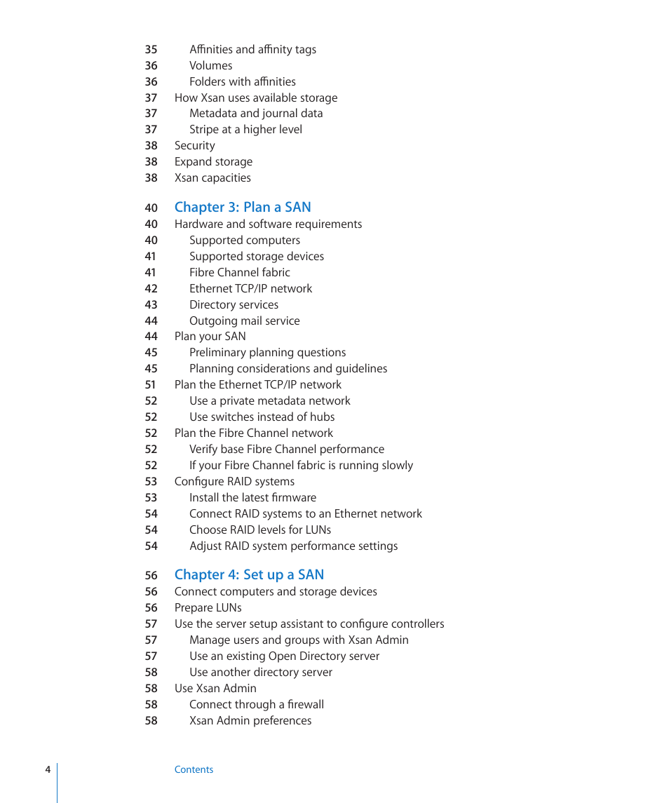 Chapter 3: plan a san, Chapter 4: set up a san | Apple Xsan 2 User Manual | Page 4 / 165