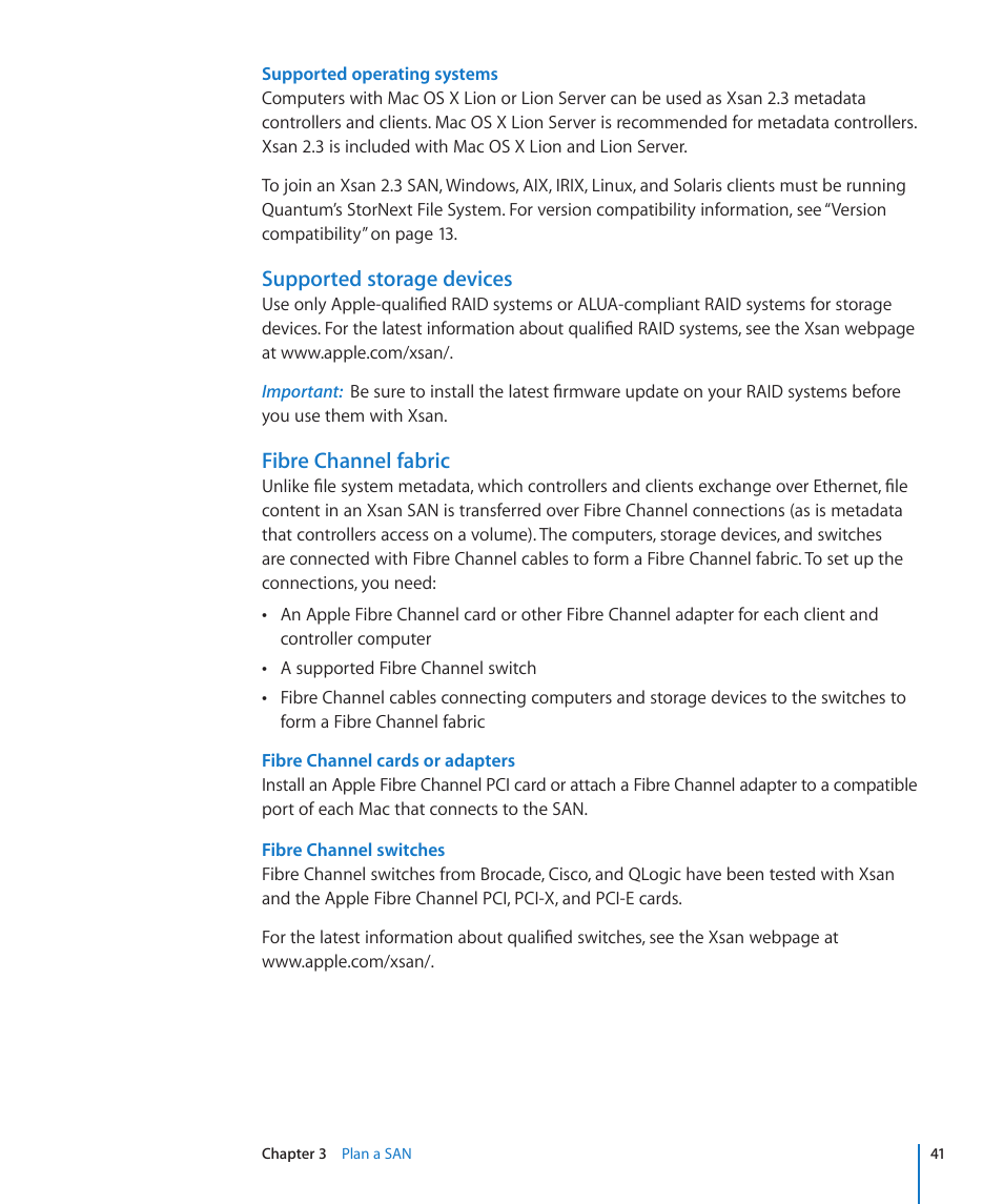 Supported storage devices, Fibre channel fabric | Apple Xsan 2 User Manual | Page 41 / 165