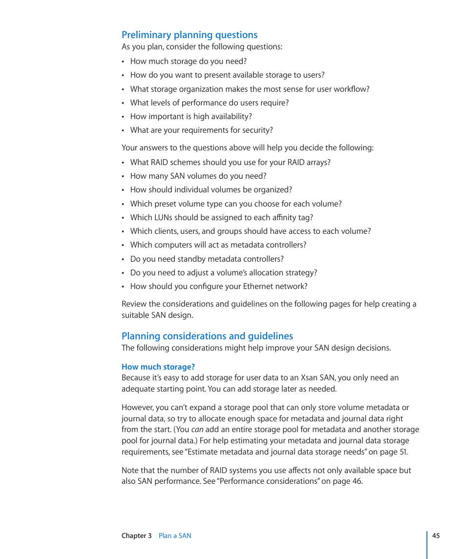 Preliminary planning questions, Planning considerations and guidelines | Apple Xsan 2 User Manual | Page 45 / 165
