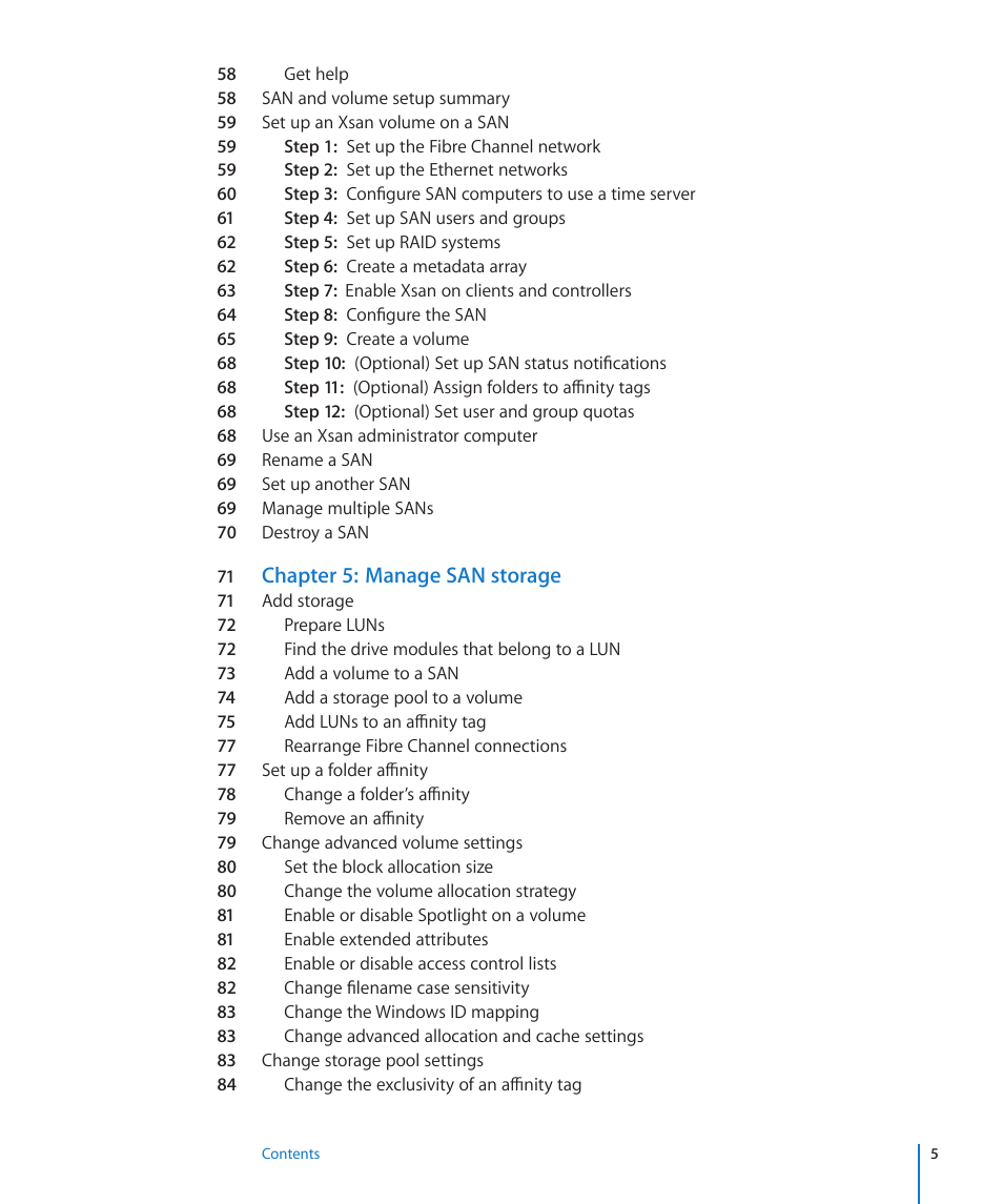 Chapter 5: manage san storage | Apple Xsan 2 User Manual | Page 5 / 165