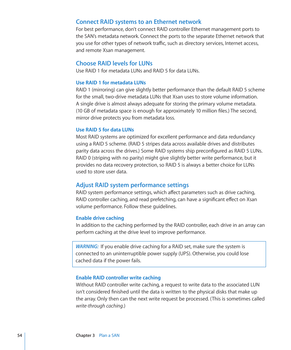 Connect raid systems to an ethernet network, Choose raid levels for luns, Adjust raid system performance settings | Apple Xsan 2 User Manual | Page 54 / 165