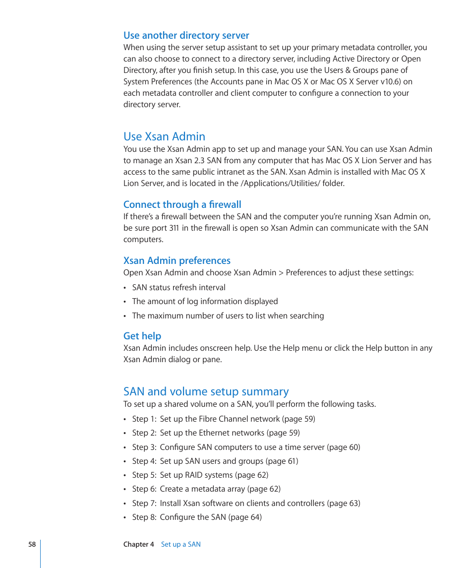 Use another directory server, Use xsan admin, Connect through a firewall | Xsan admin preferences, Get help, San and volume setup summary, 58 use xsan admin 58, 58 san and volume setup summary | Apple Xsan 2 User Manual | Page 58 / 165