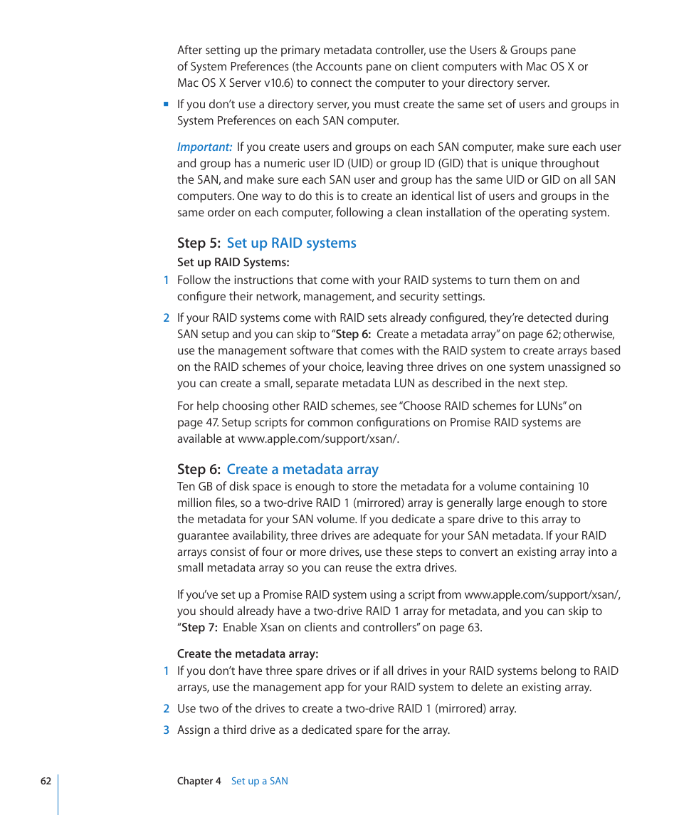 Step 5: set up raid systems, Step 6: create a metadata array, Step 5: set up raid systems | Step 6: create a metadata array | Apple Xsan 2 User Manual | Page 62 / 165