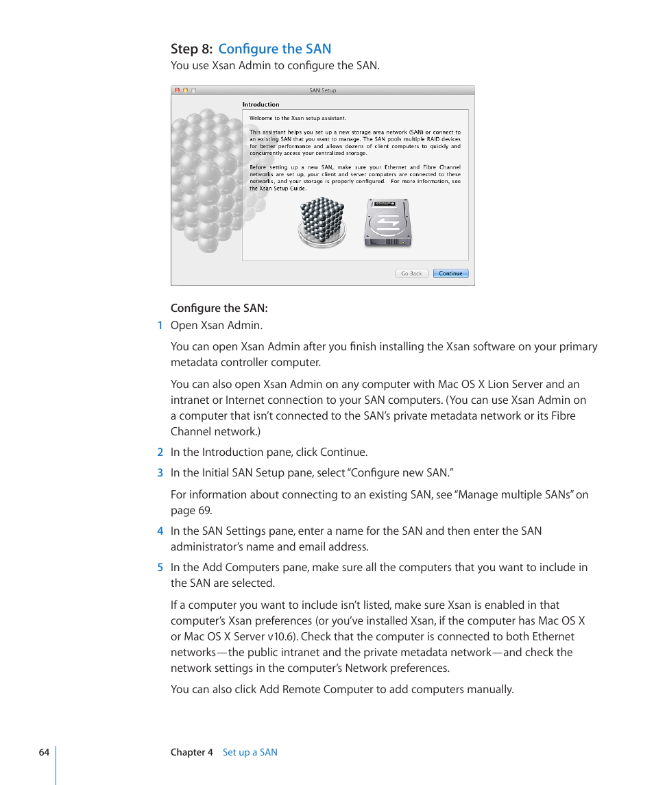 Step 8: configure the san, Step 8: configure the san | Apple Xsan 2 User Manual | Page 64 / 165