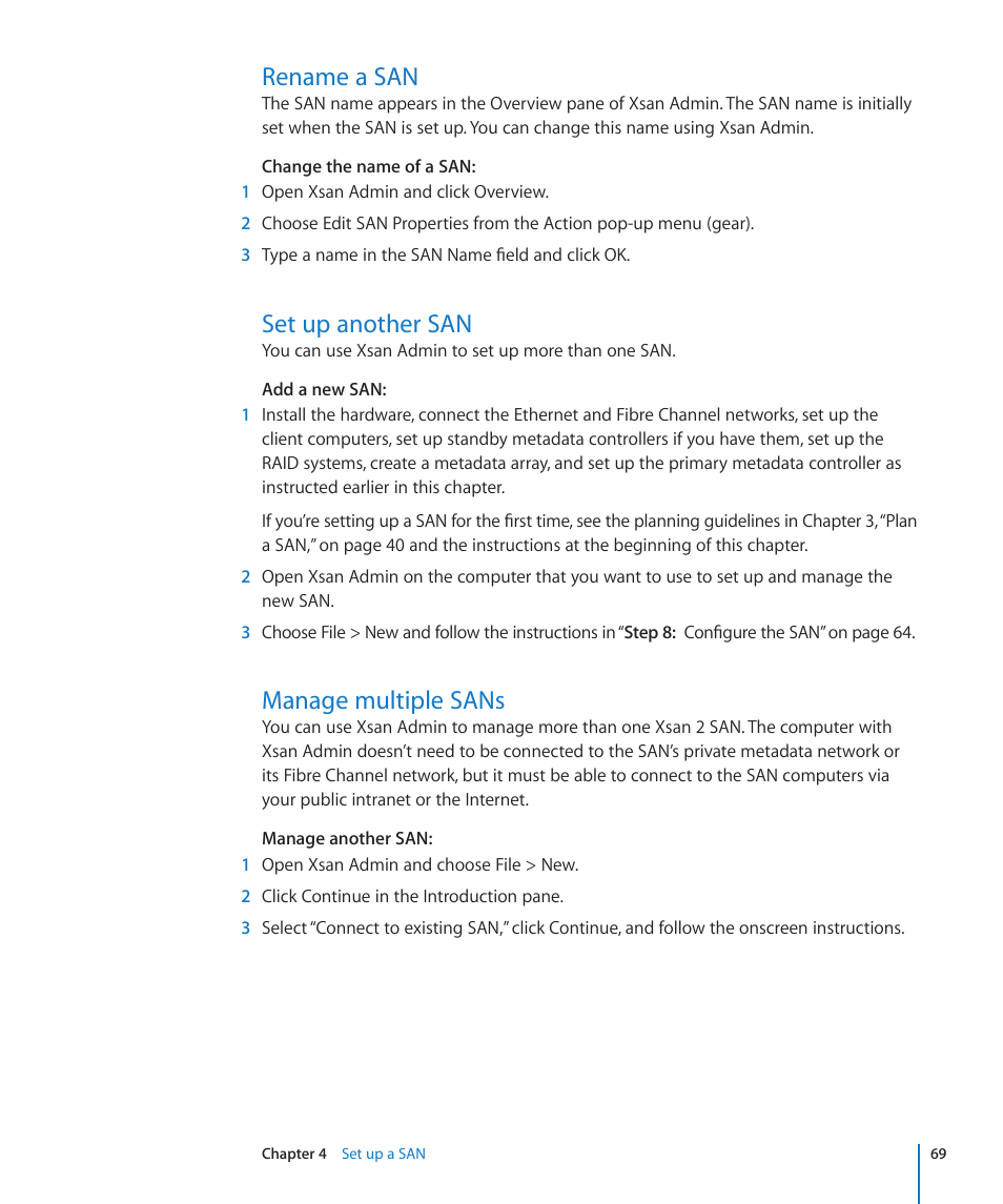 Rename a san, Set up another san, Manage multiple sans | Apple Xsan 2 User Manual | Page 69 / 165