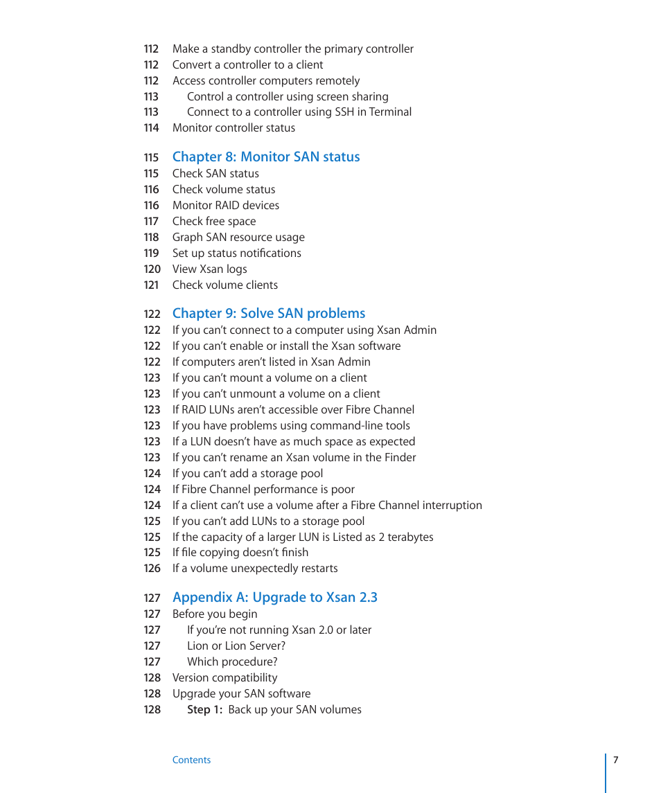 Chapter 8: monitor san status, Chapter 9: solve san problems, Appendix a : upgrade to xsan 2.3 | Apple Xsan 2 User Manual | Page 7 / 165