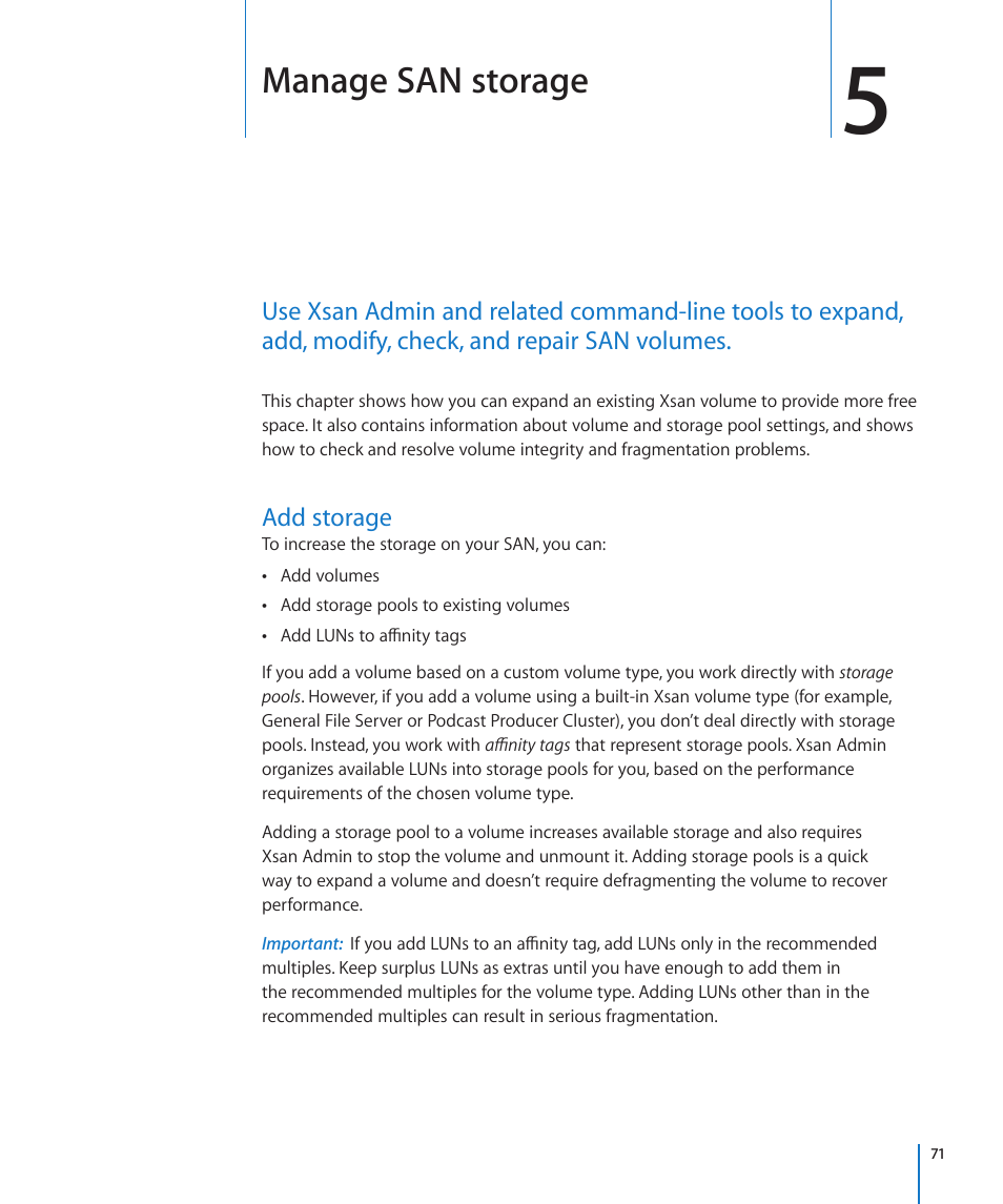 Chapter 5: manage san storage, Add storage, Chapter 5: manage san storage | 71 add storage, Manage san storage | Apple Xsan 2 User Manual | Page 71 / 165
