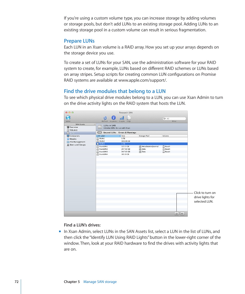 Prepare luns, Find the drive modules that belong to a lun | Apple Xsan 2 User Manual | Page 72 / 165