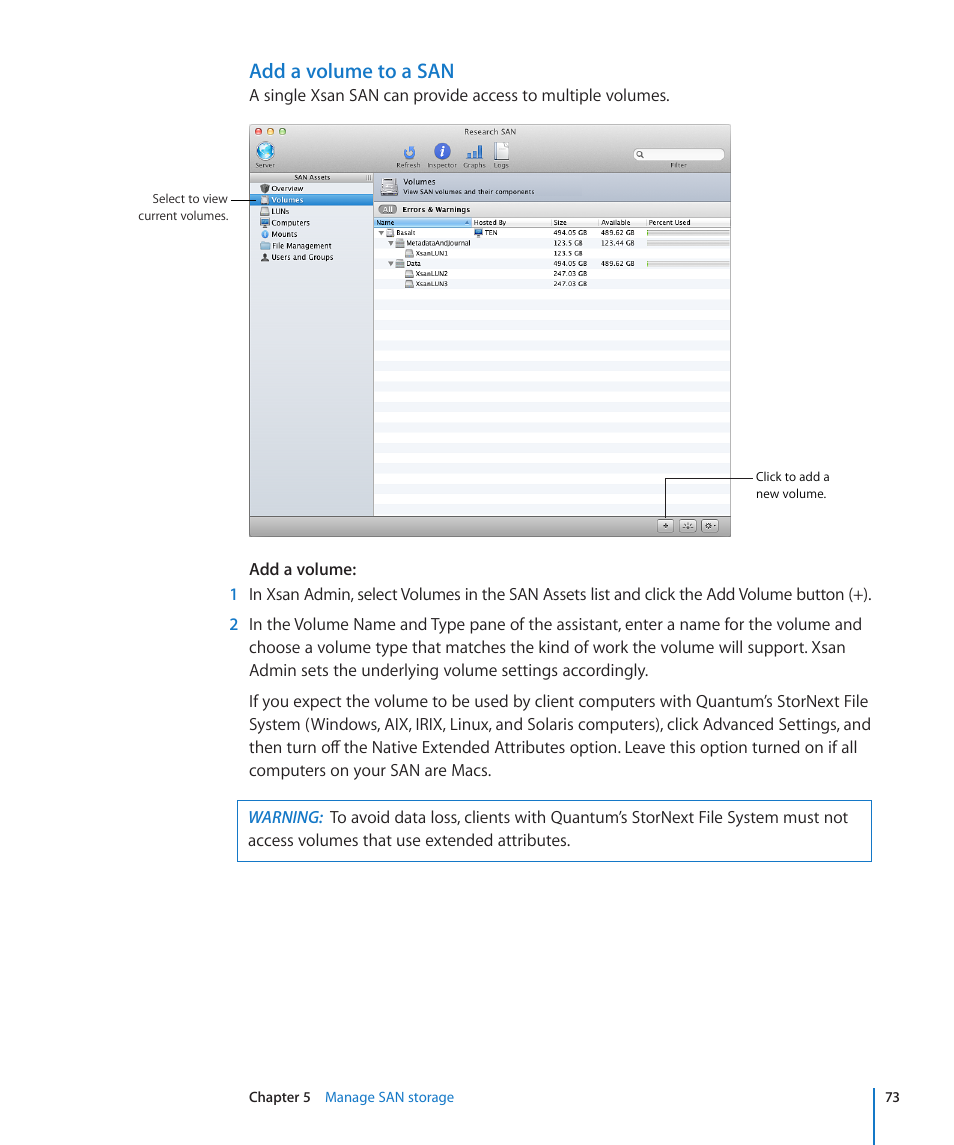 Add a volume to a san | Apple Xsan 2 User Manual | Page 73 / 165