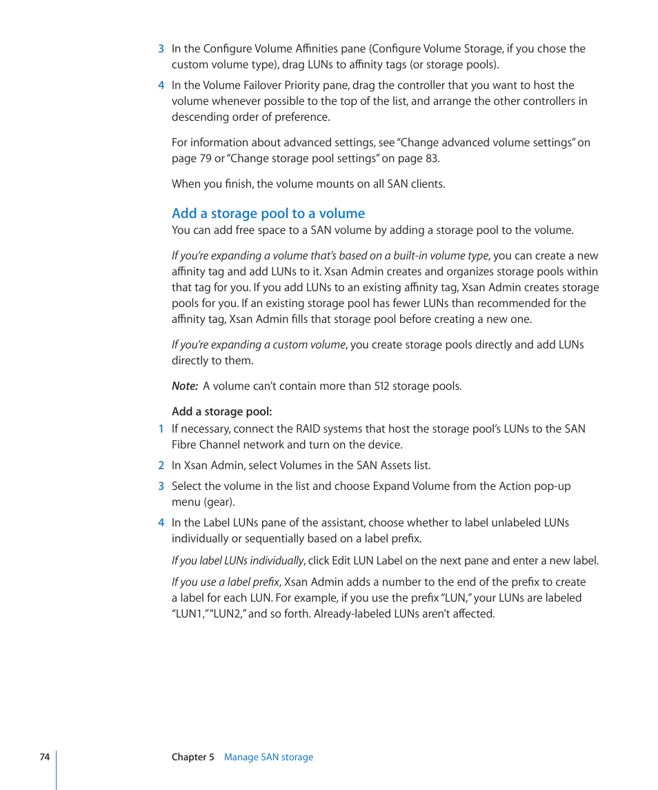 Add a storage pool to a volume | Apple Xsan 2 User Manual | Page 74 / 165