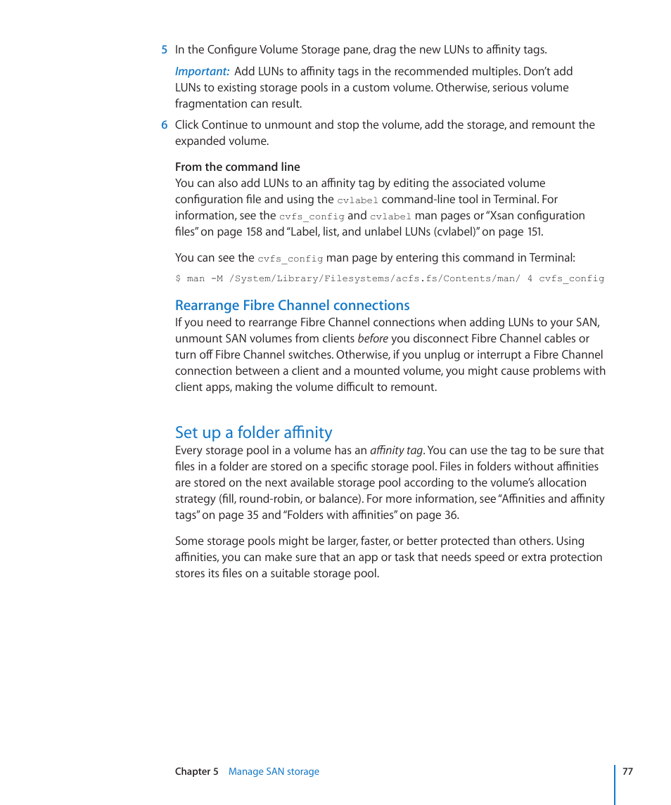 Rearrange fibre channel connections, Set up a folder affinity, 77 set up a folder affinity | Apple Xsan 2 User Manual | Page 77 / 165