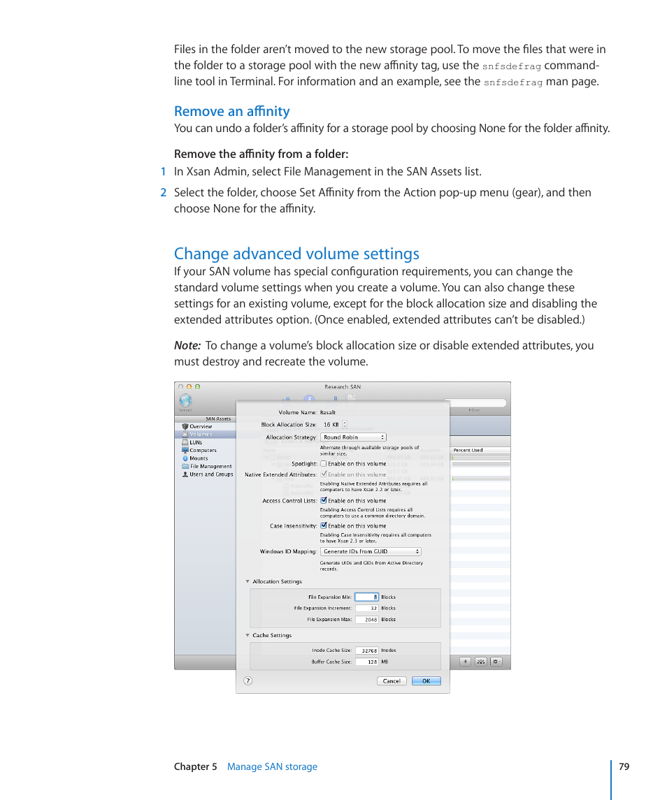 Remove an affinity, Change advanced volume settings, 79 change advanced volume settings | 79 or | Apple Xsan 2 User Manual | Page 79 / 165