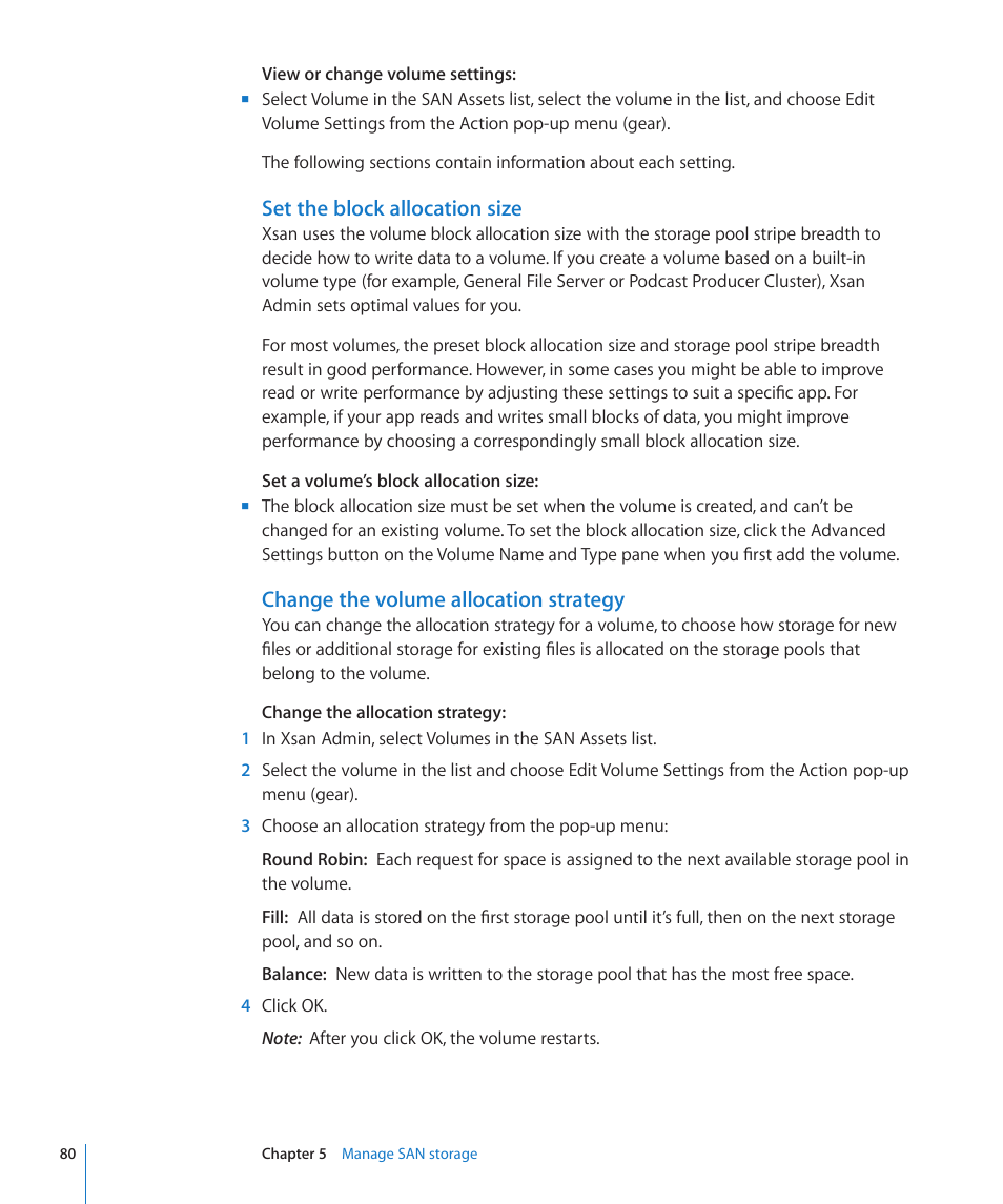 Set the block allocation size, Change the volume allocation strategy | Apple Xsan 2 User Manual | Page 80 / 165