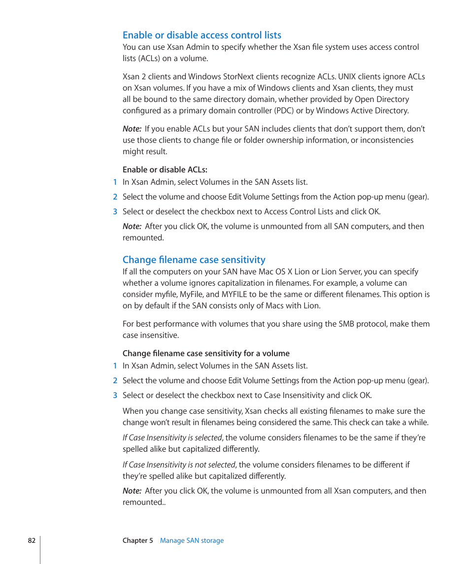 Enable or disable access control lists, Change filename case sensitivity | Apple Xsan 2 User Manual | Page 82 / 165
