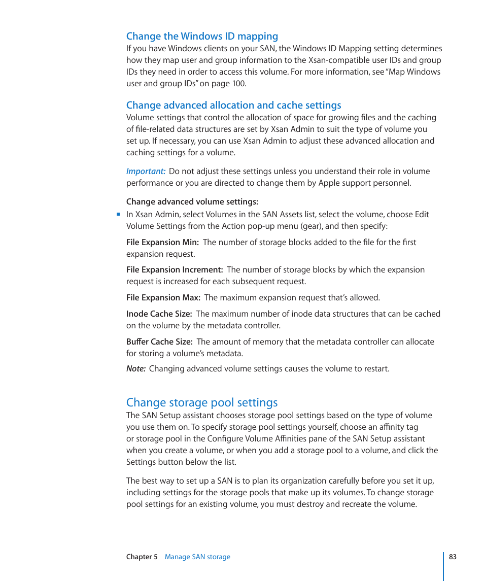 Change the windows id mapping, Change advanced allocation and cache settings, Change storage pool settings | 83 change storage pool settings | Apple Xsan 2 User Manual | Page 83 / 165