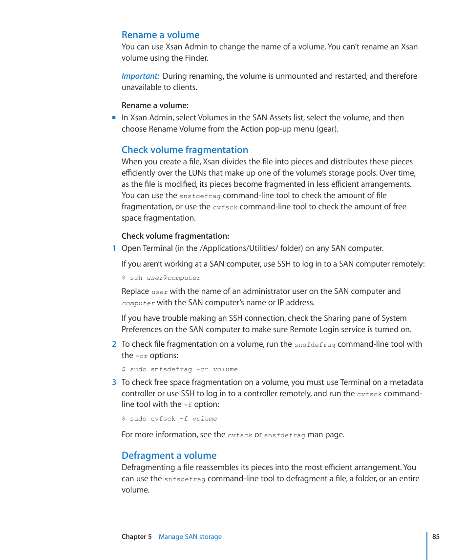 Rename a volume, Check volume fragmentation, Defragment a volume | Apple Xsan 2 User Manual | Page 85 / 165