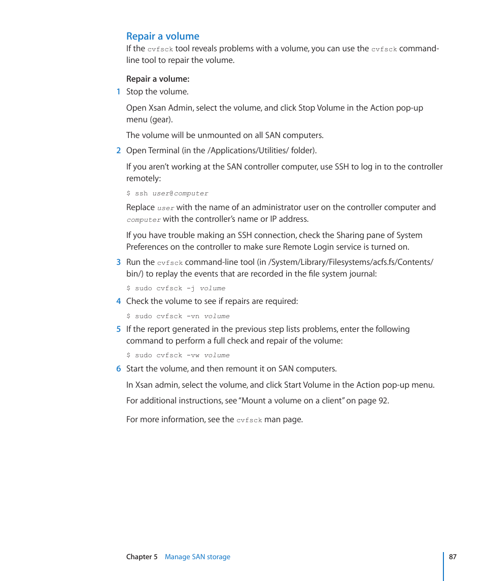 Repair a volume | Apple Xsan 2 User Manual | Page 87 / 165