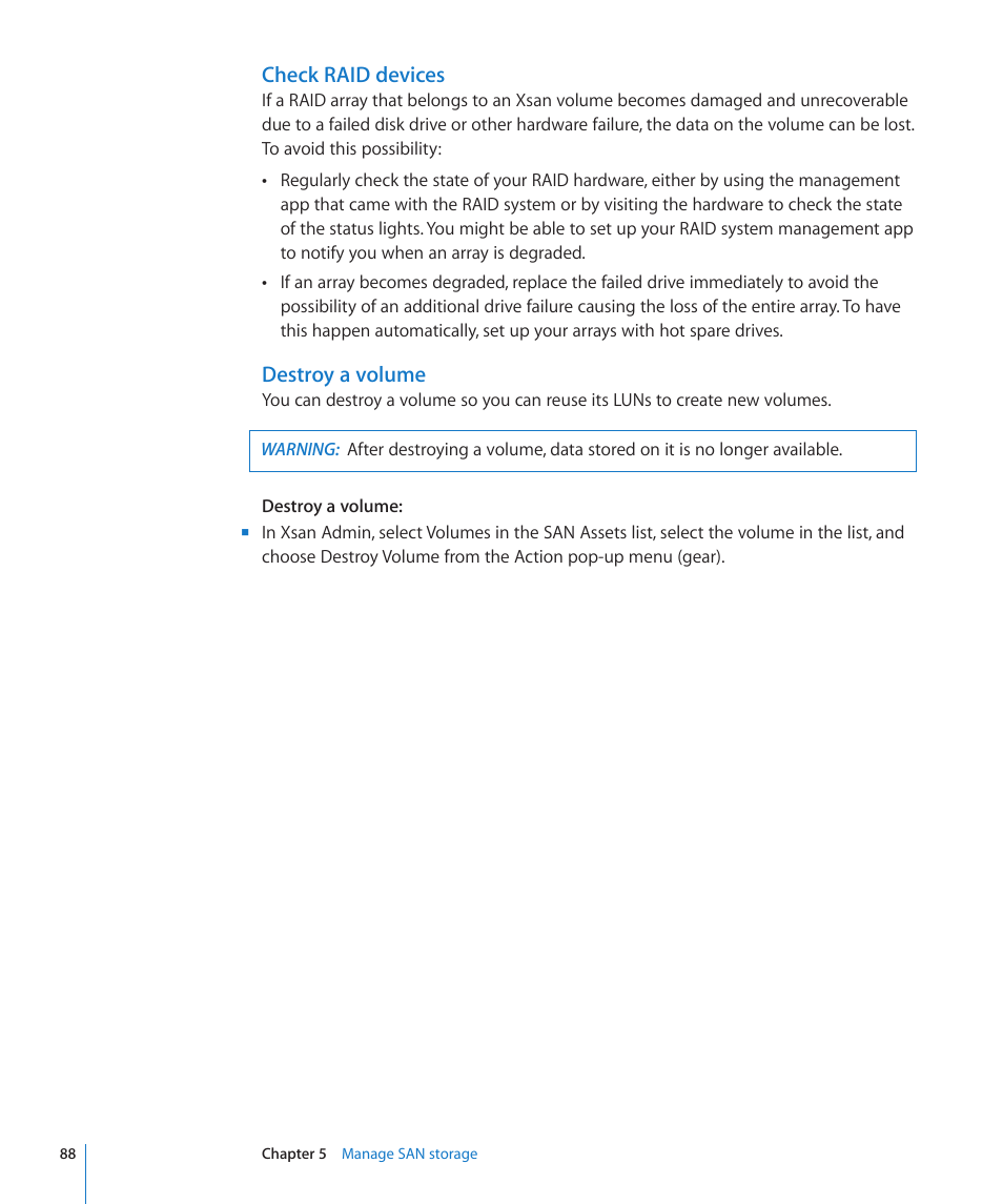 Check raid devices, Destroy a volume | Apple Xsan 2 User Manual | Page 88 / 165