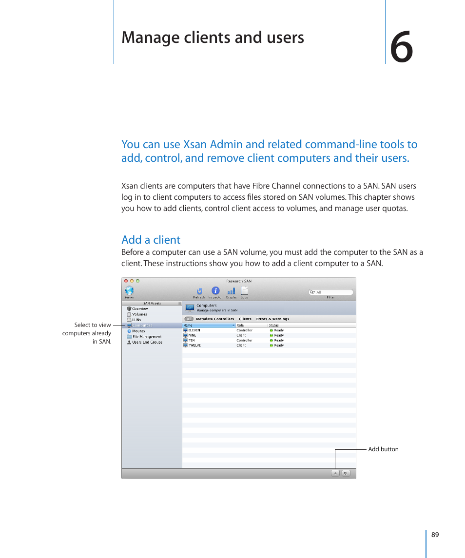 Chapter 6: manage clients and users, Add a client, Chapter 6: manage clients and users | 89 add a client, Manage clients and users | Apple Xsan 2 User Manual | Page 89 / 165