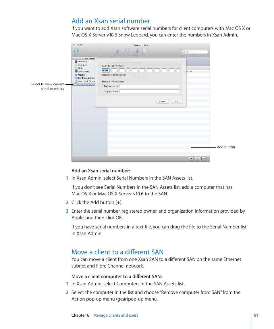 Add an xsan serial number, Move a client to a different san | Apple Xsan 2 User Manual | Page 91 / 165