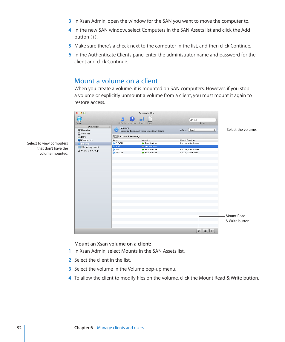 Mount a volume on a client, 92 mount a volume on a client | Apple Xsan 2 User Manual | Page 92 / 165