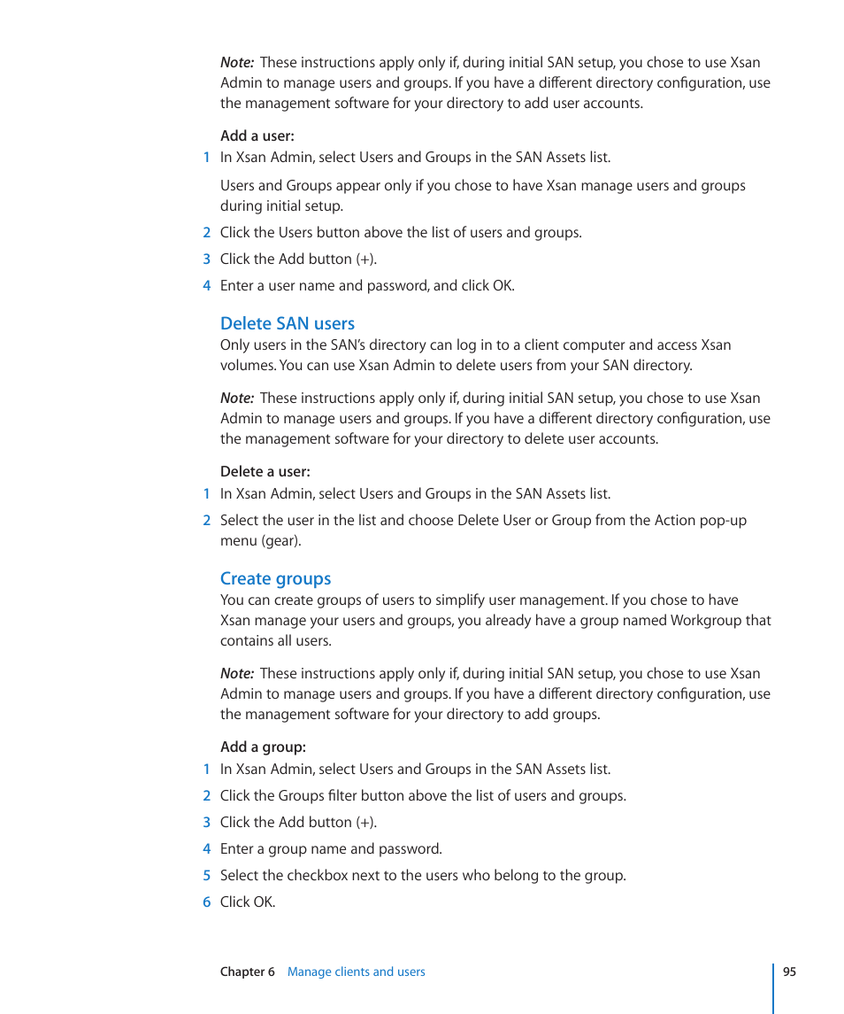 Delete san users, Create groups | Apple Xsan 2 User Manual | Page 95 / 165