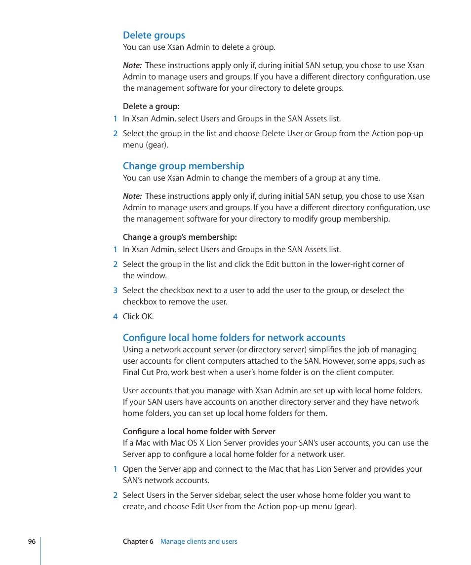 Delete groups, Change group membership, Configure local home folders for network accounts | Apple Xsan 2 User Manual | Page 96 / 165