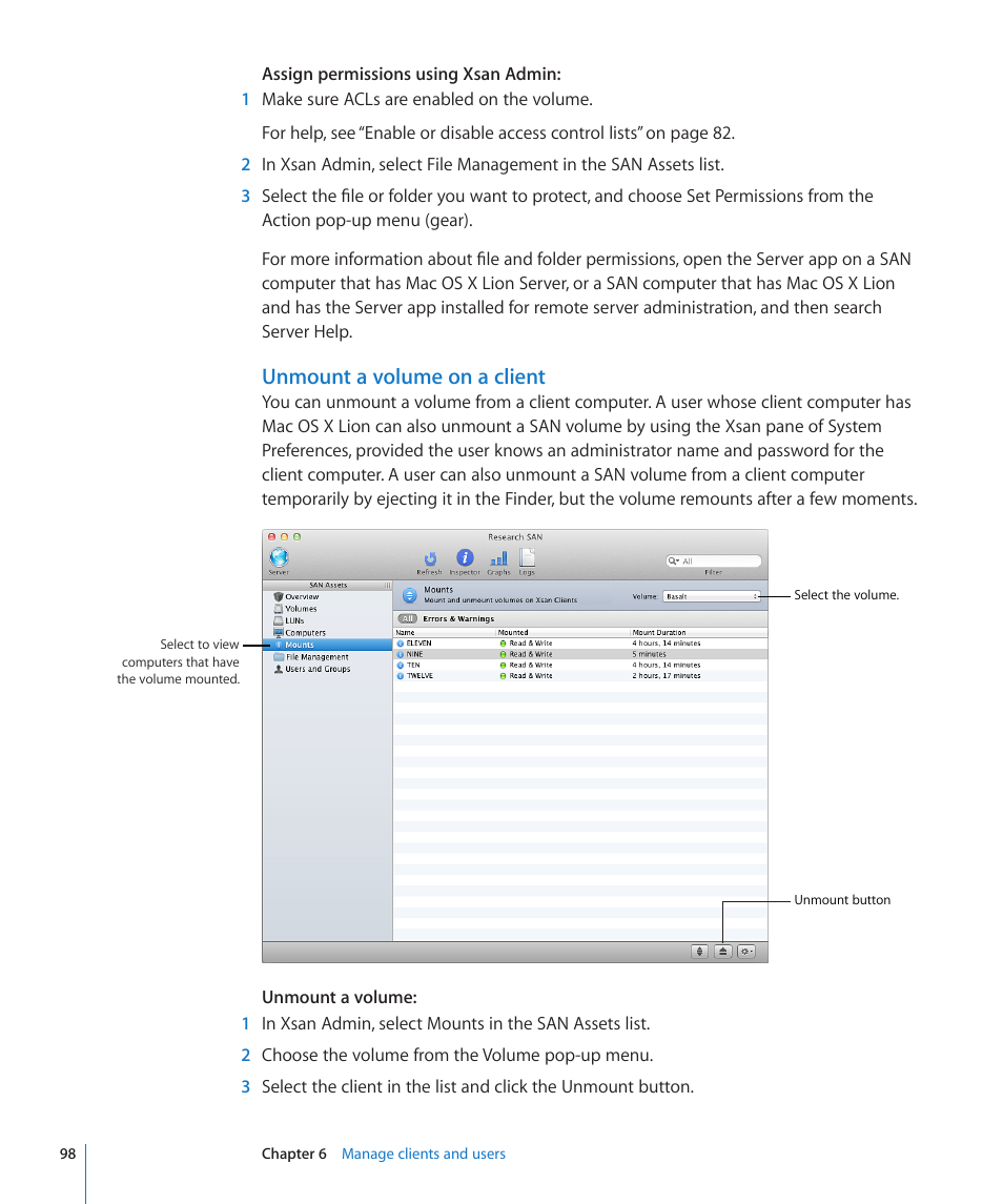 Unmount a volume on a client | Apple Xsan 2 User Manual | Page 98 / 165