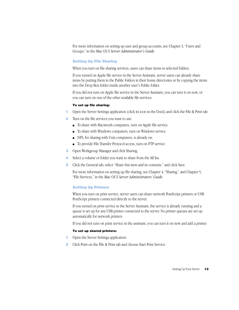 Setting up file sharing, Setting up printers | Apple Mac OS X Server v10.2 User Manual | Page 13 / 24