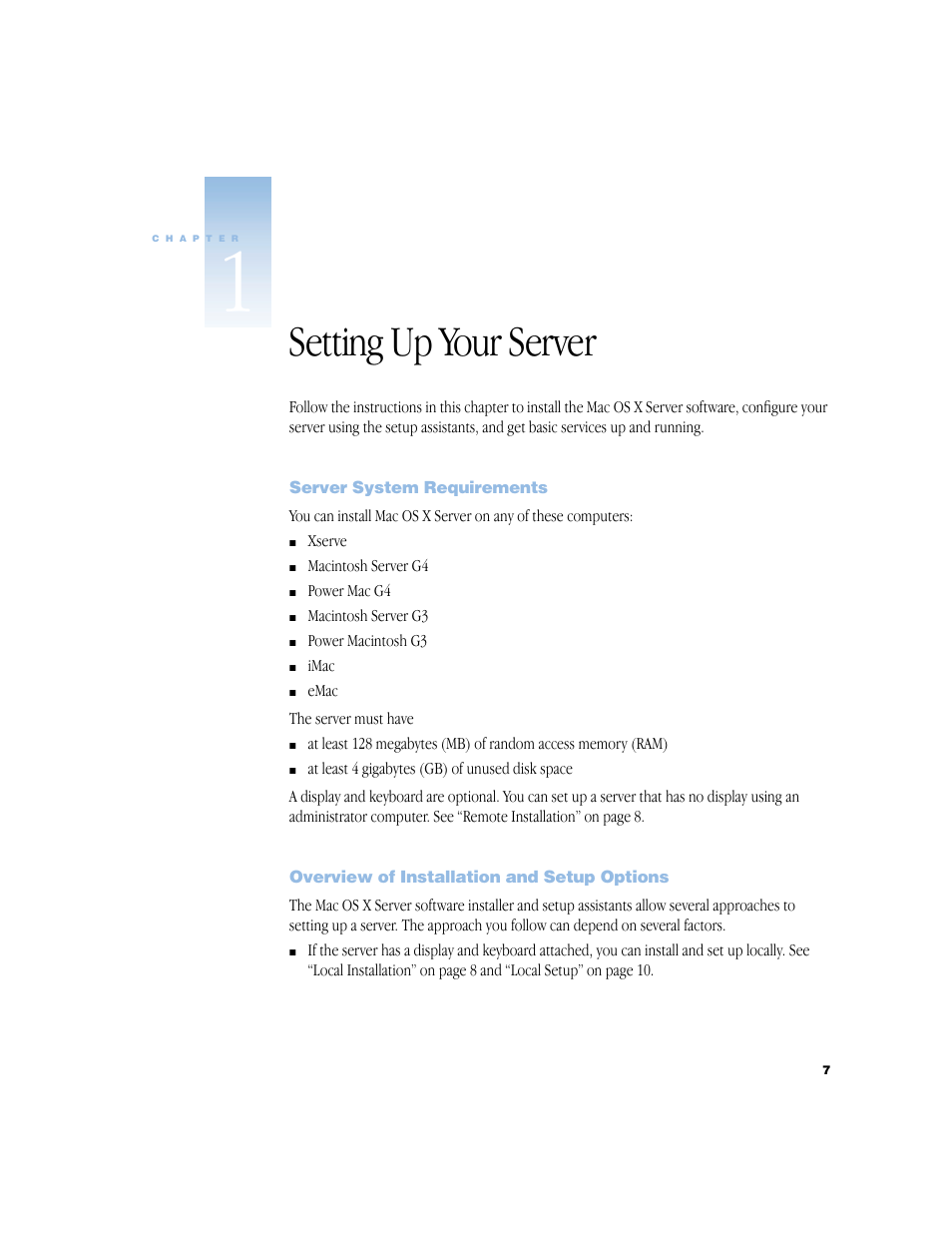 Setting up your server, Server system requirements, Overview of installation and setup options | Apple Mac OS X Server v10.2 User Manual | Page 7 / 24