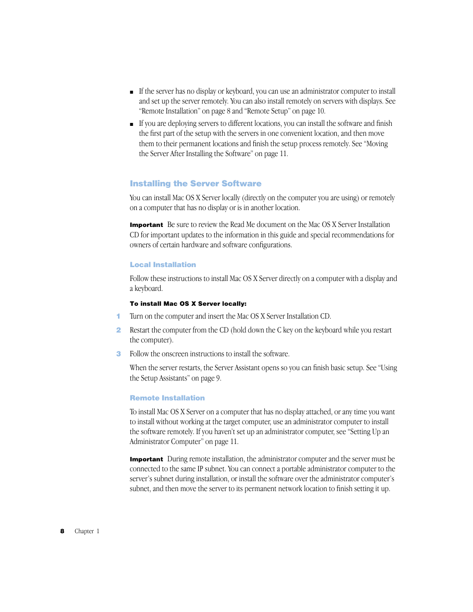 Installing the server software, Local installation, Remote installation | Apple Mac OS X Server v10.2 User Manual | Page 8 / 24