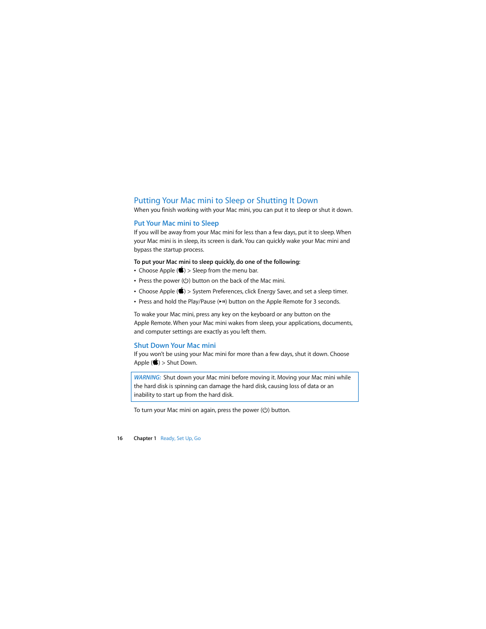 Putting your mac mini to sleep or shutting it down | Apple Mac mini (Intel-based; Mid 2007) User Manual | Page 16 / 72