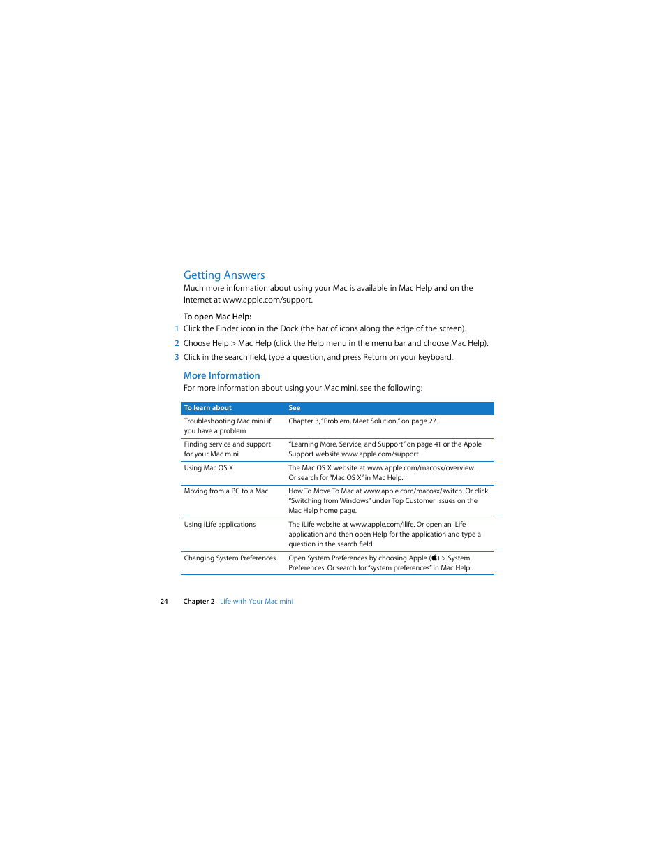 Getting answers | Apple Mac mini (Intel-based; Mid 2007) User Manual | Page 24 / 72