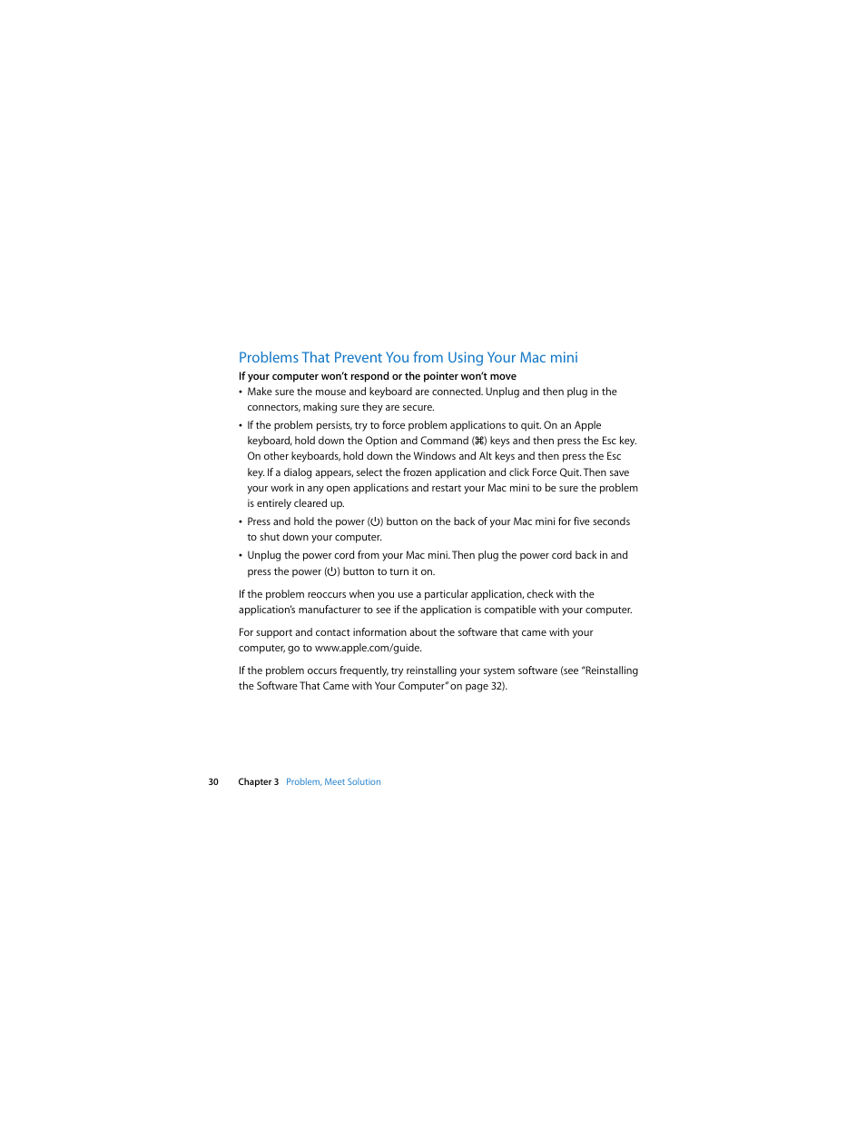 Problems that prevent you from using your mac mini | Apple Mac mini (Intel-based; Mid 2007) User Manual | Page 30 / 72