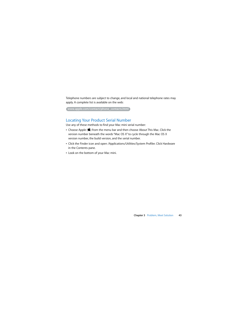 Locating your product serial number | Apple Mac mini (Intel-based; Mid 2007) User Manual | Page 43 / 72