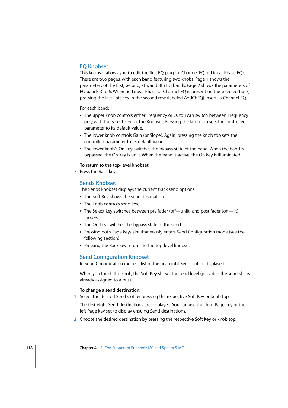 Eq knobset, Sends knobset, Send configuration knobset | Sends, Knobset | Apple Logic Pro 7.2 User Manual | Page 118 / 255