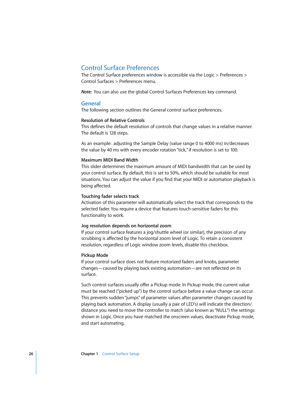 Control surface preferences, General | Apple Logic Pro 7.2 User Manual | Page 26 / 255