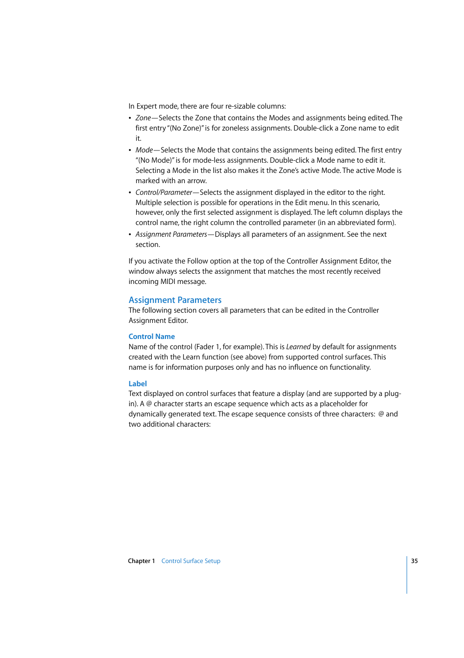 Assignment parameters, Assignment, Parameters | Apple Logic Pro 7.2 User Manual | Page 35 / 255