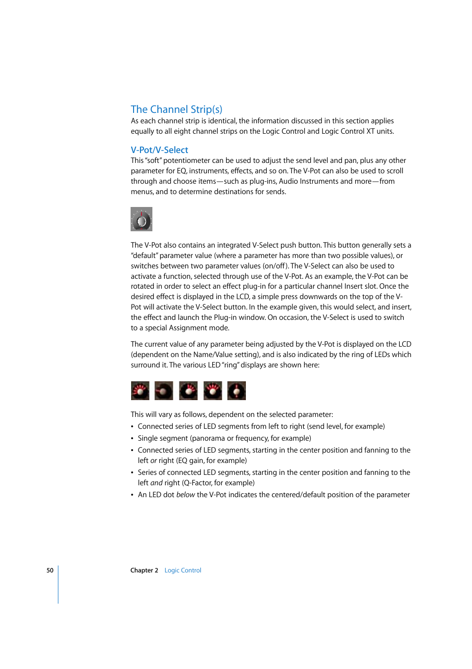 The channel strip(s), V-pot/v-select | Apple Logic Pro 7.2 User Manual | Page 50 / 255